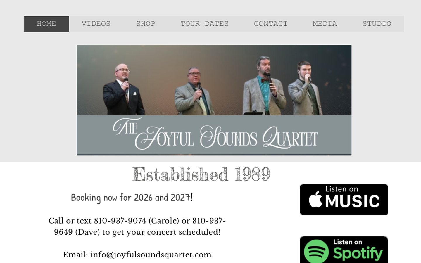 The Joyful Sounds Quartet's old homepage: a small banner image and plain text