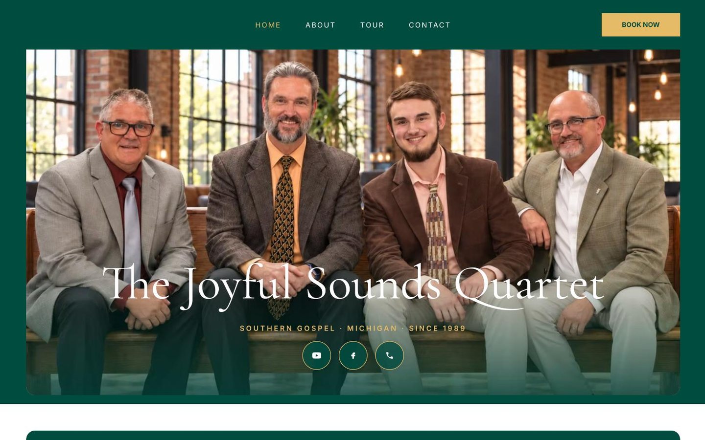 The Joyful Sounds Quartet's new homepage: a full-width photo of the quartet and a booking button