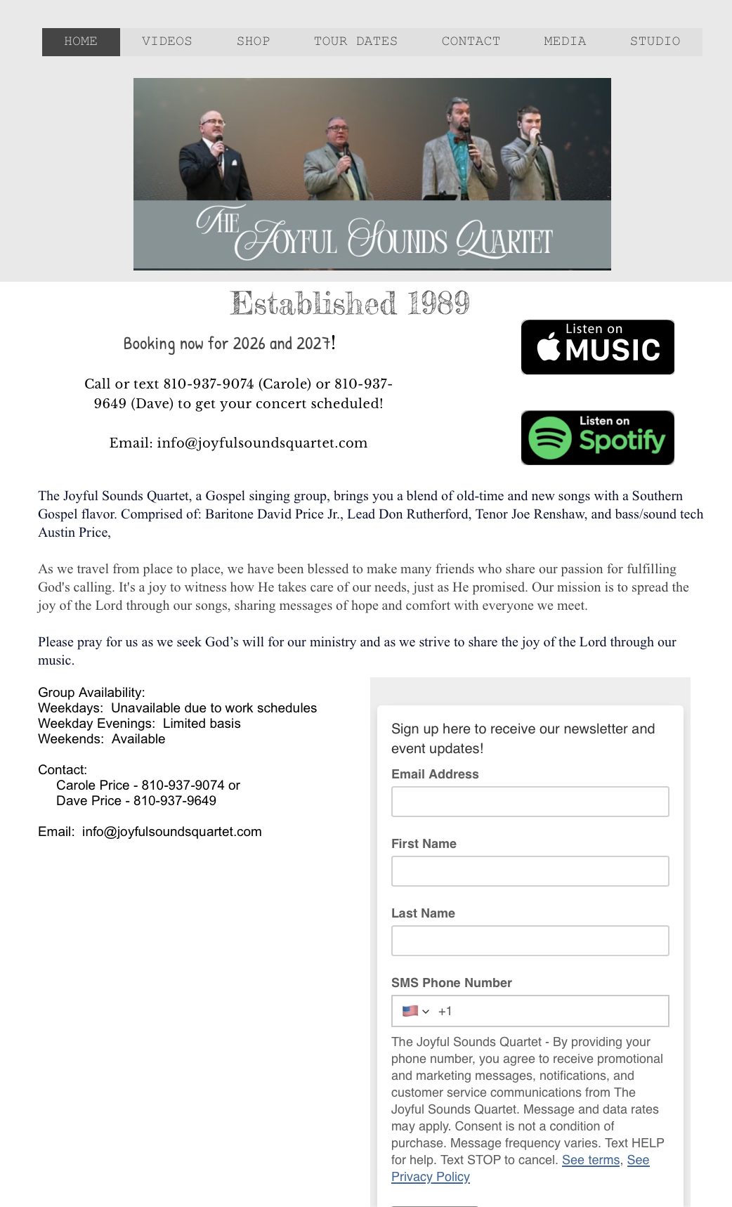 The old homepage in full: a menu bar, a small banner photo, contact details, a paragraph about the group, and a newsletter form